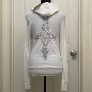 Vintage Y2K Bejeweled Swarovski Hoodie Top Zip NWT Thermal Bling‎ Cross Rocker L